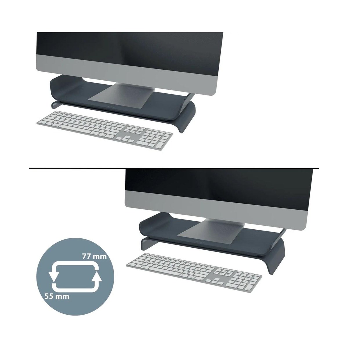 Suporte de monitor ajustável em 2 alturas Leitz Ergo em uso