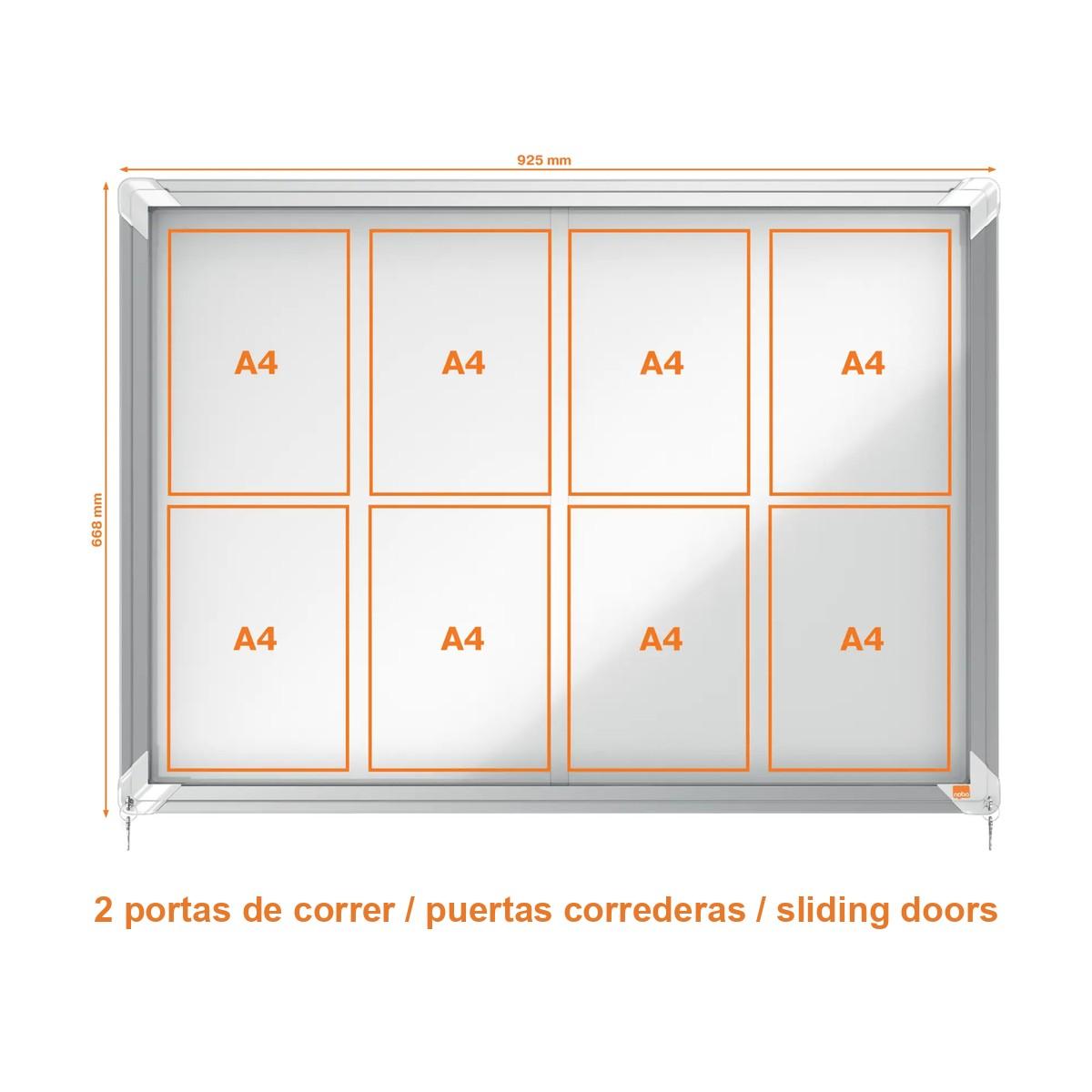Vitrina em alumínio com fechadura para 8 folhas A4, com 2 portas de correr